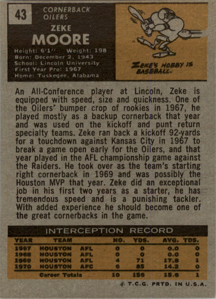 1971 Topps #43 Zeke Moore RC back image