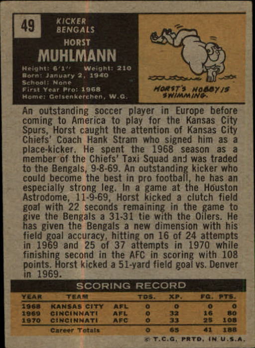 1971 Topps #49 Horst Muhlmann RC back image