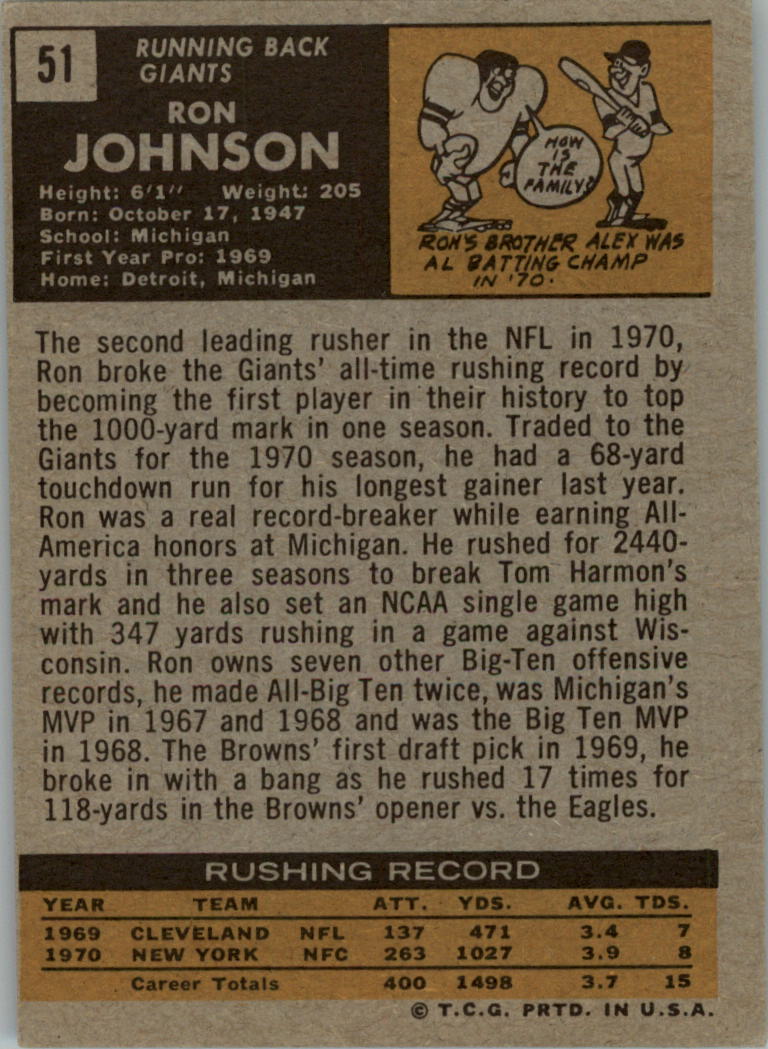 1971 Topps #51 Ron Johnson RC back image