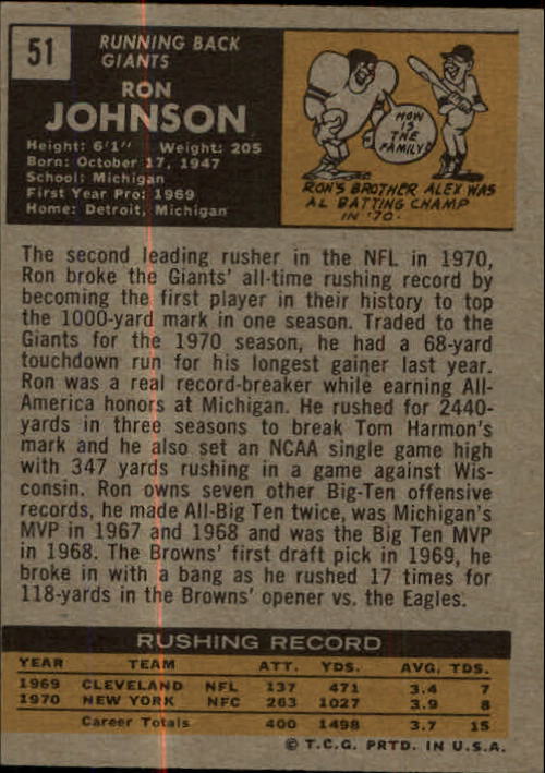 1971 Topps #51 Ron Johnson RC back image