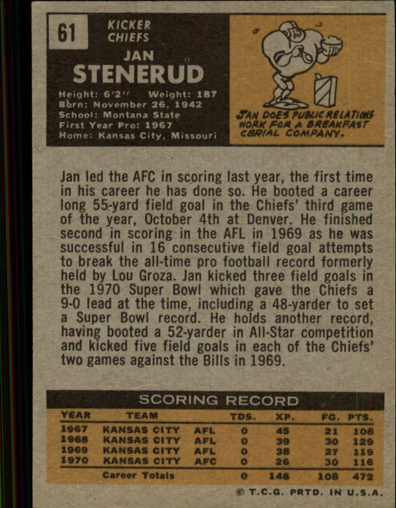 1971 Topps #61 Jan Stenerud back image