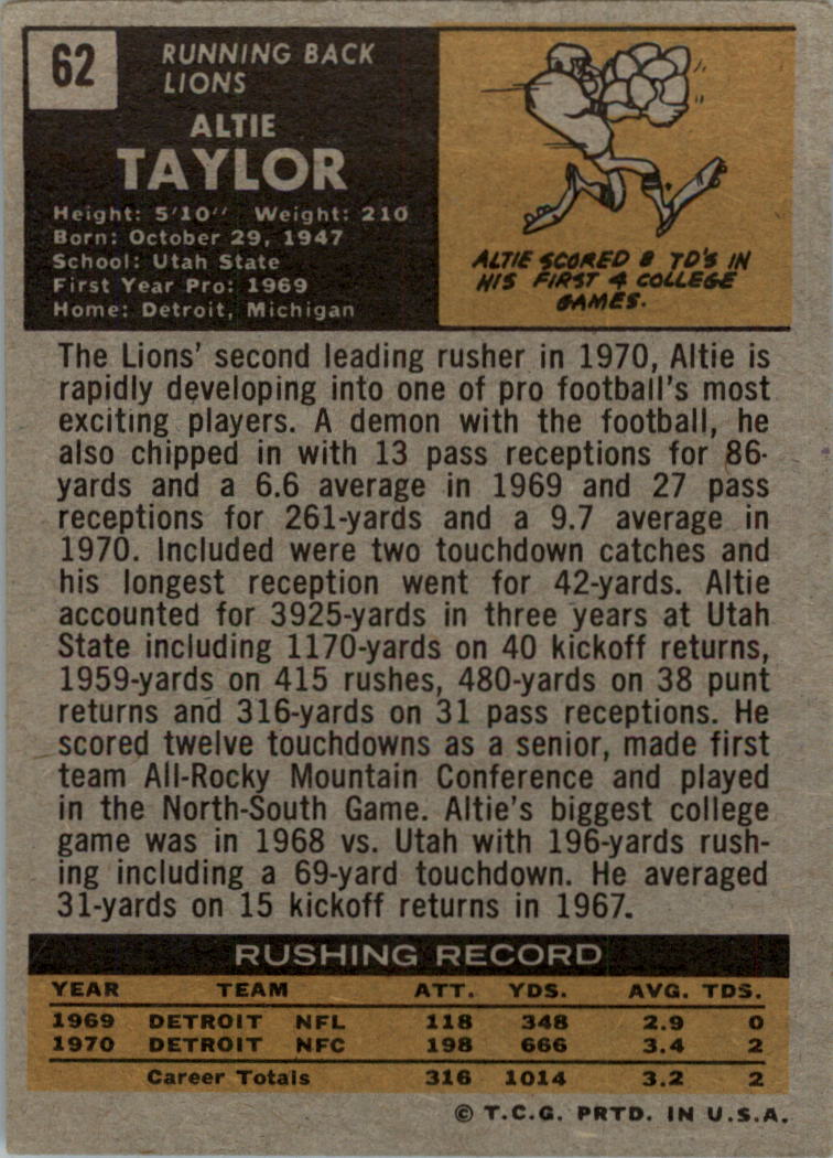 1971 Topps #62 Altie Taylor RC back image