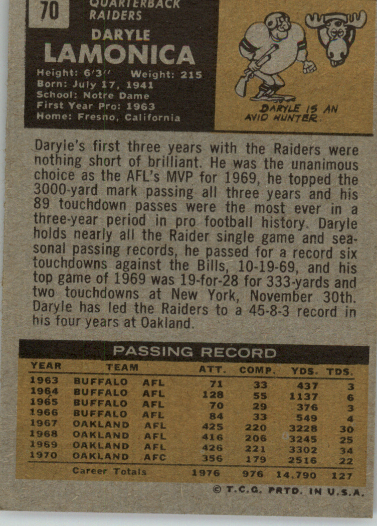 1971 Topps #70 Daryle Lamonica back image