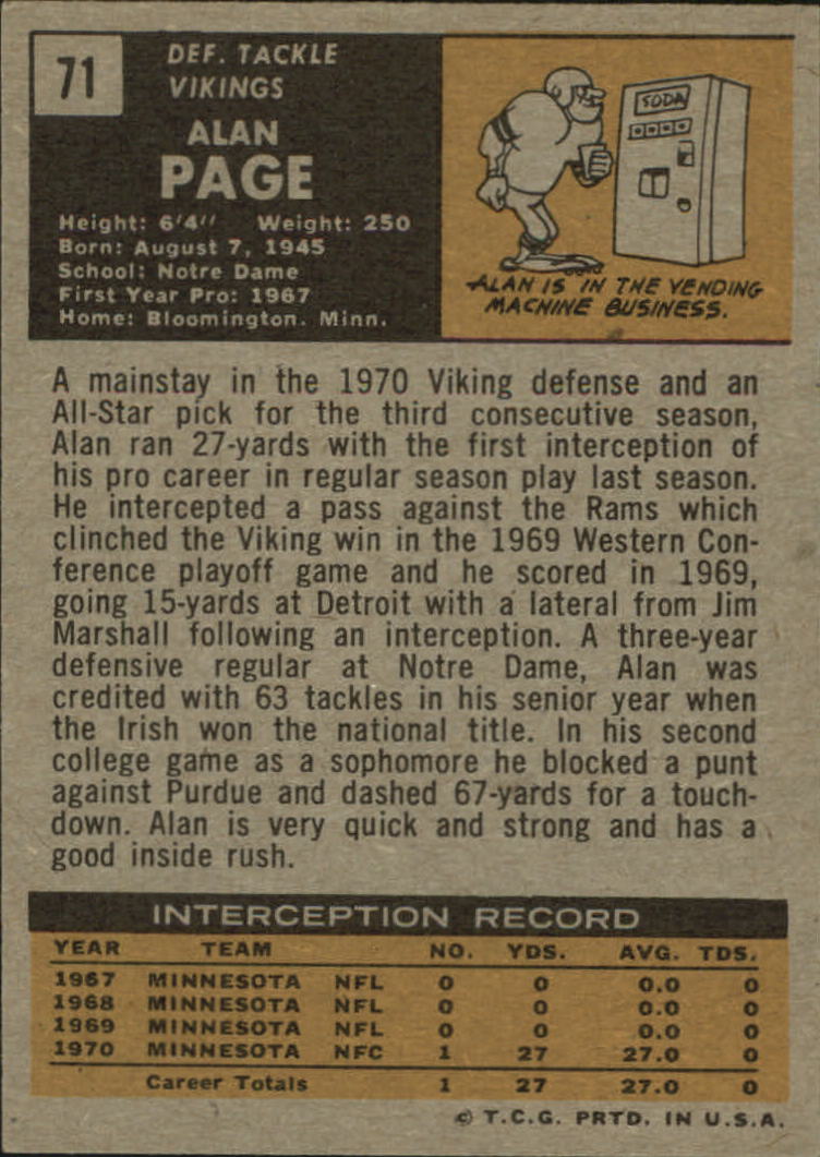1971 Topps #71 Alan Page back image