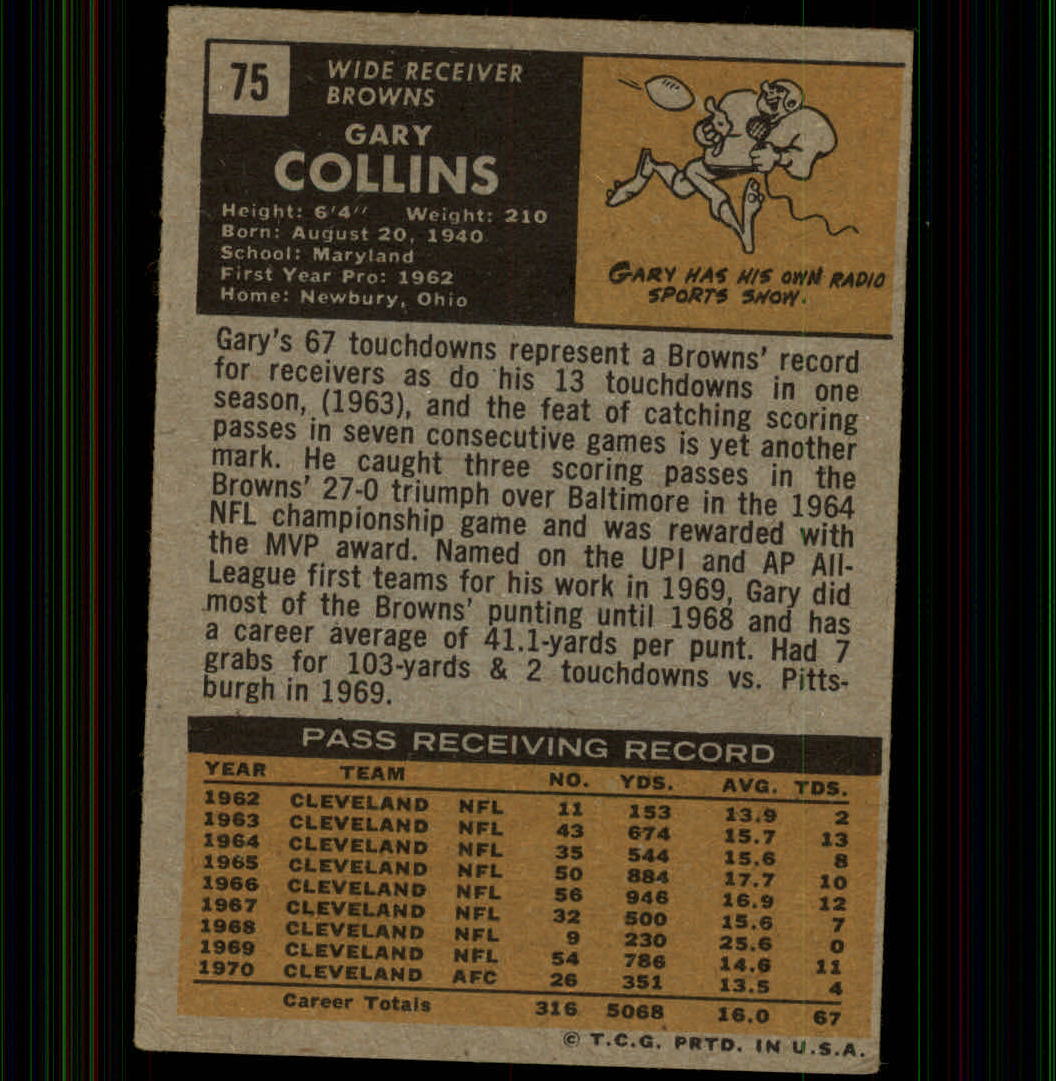 1971 Topps #75 Gary Collins back image