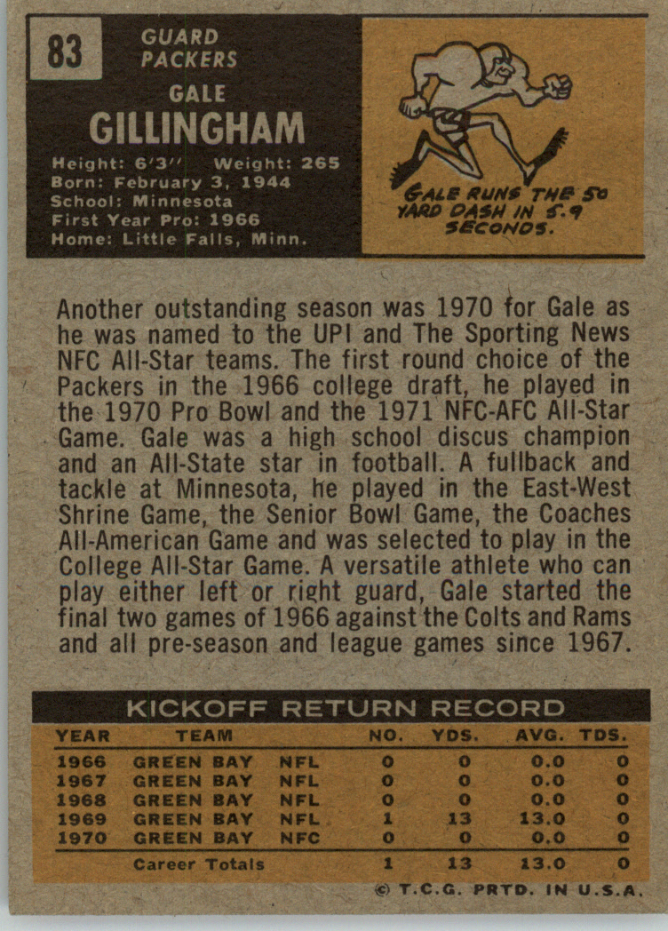 1971 Topps #83 Gale Gillingham back image