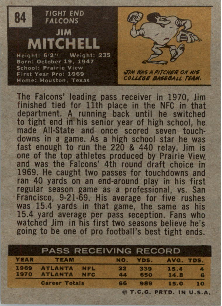 1971 Topps #84 Jim Mitchell TE RC back image