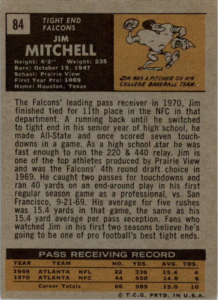 1971 Topps #84 Jim Mitchell TE RC back image