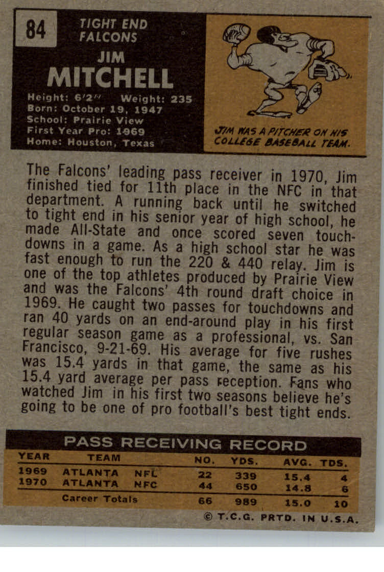 1971 Topps #84 Jim Mitchell TE RC back image
