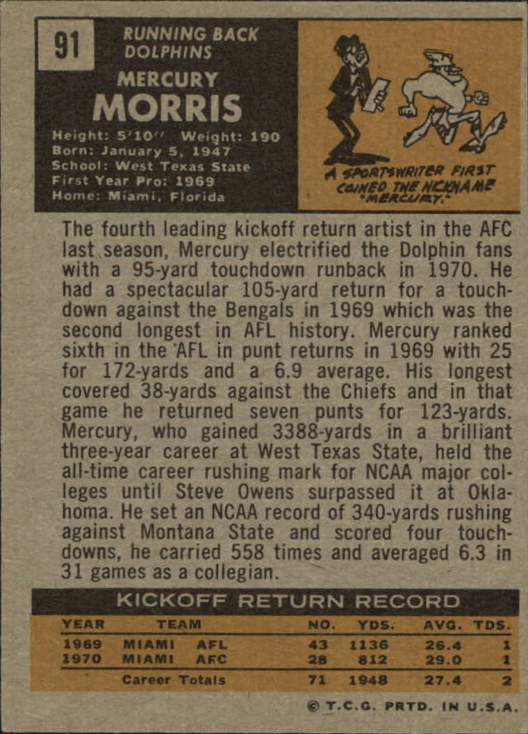 1971 Topps #91 Mercury Morris RC back image