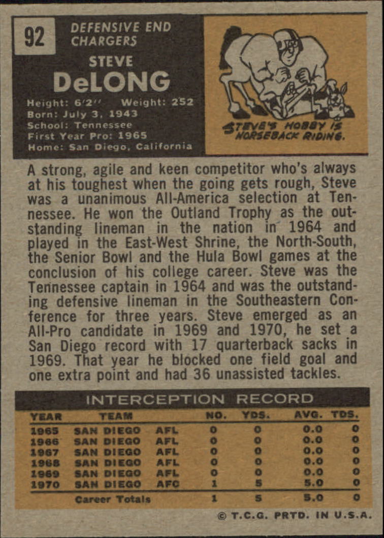 1971 Topps #92 Steve DeLong back image