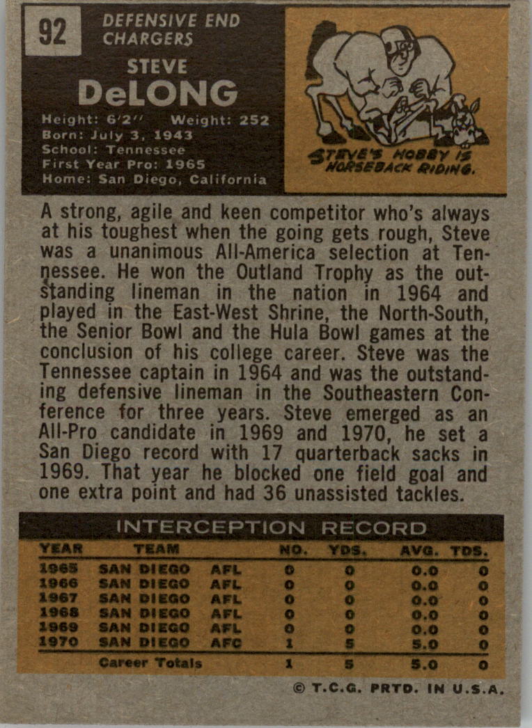 1971 Topps #92 Steve DeLong back image