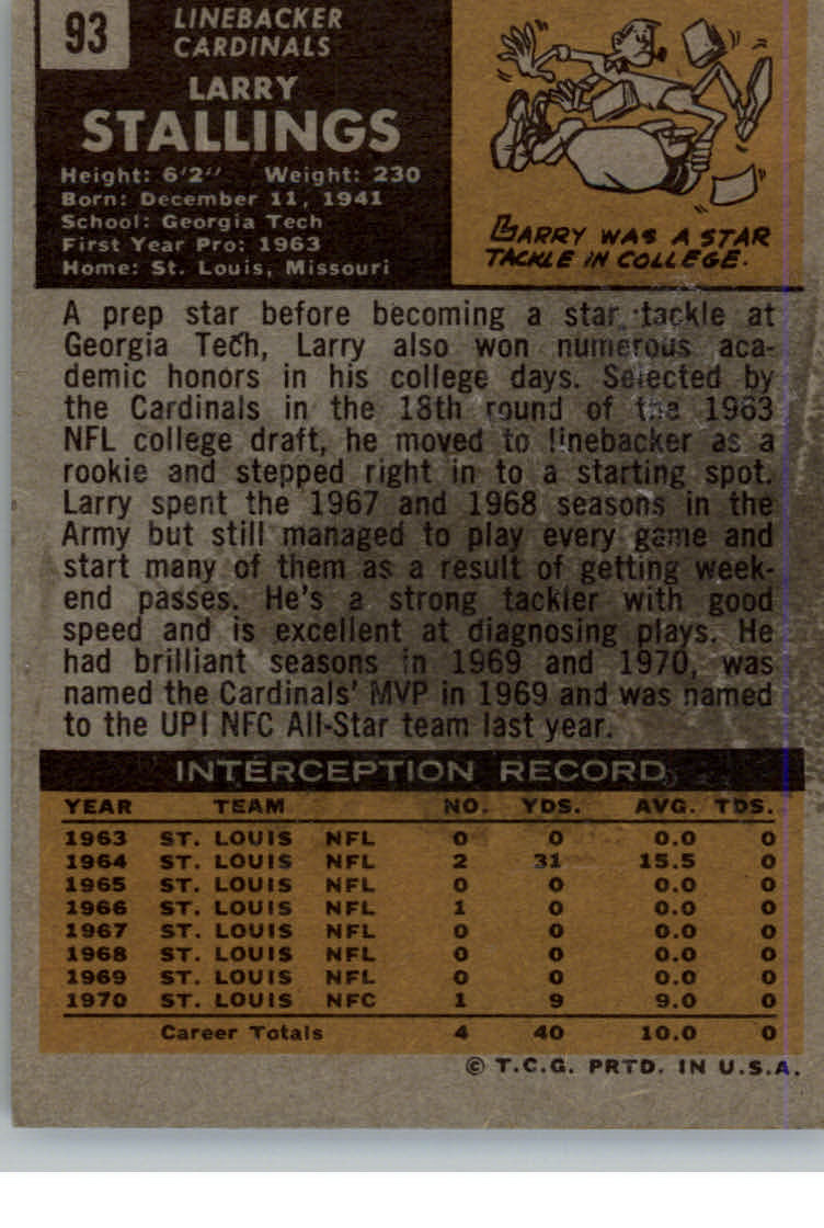 1971 Topps #93 Larry Stallings back image
