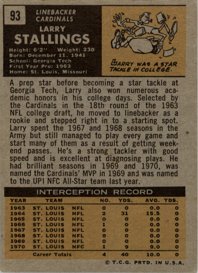 1971 Topps #93 Larry Stallings back image