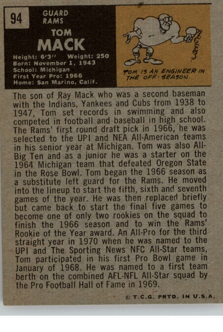 1971 Topps #94 Tom Mack back image
