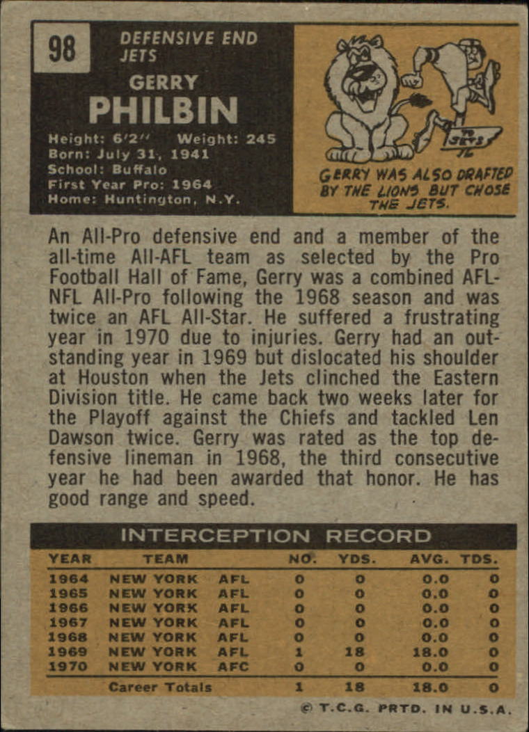 1971 Topps #98 Gerry Philbin back image