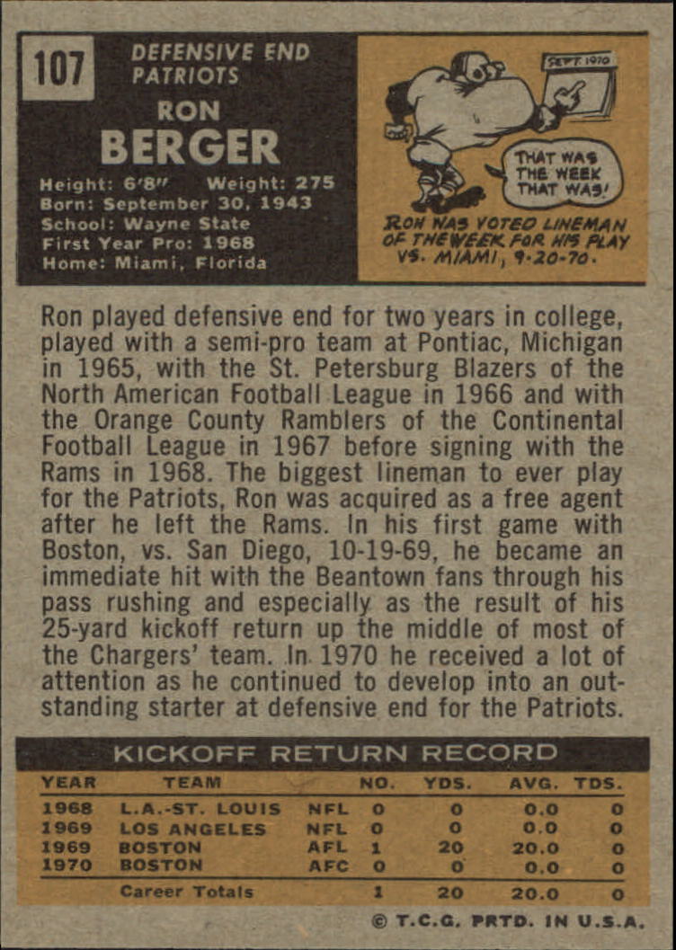 1971 Topps #107 Ron Berger RC back image