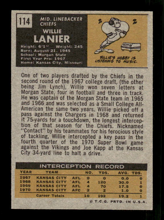1971 Topps #114 Willie Lanier RC back image