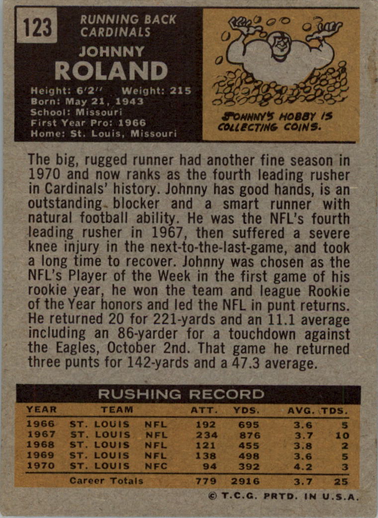 1971 Topps #123 Johnny Roland back image