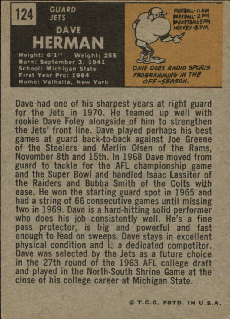 1971 Topps #124 Dave Herman RC back image