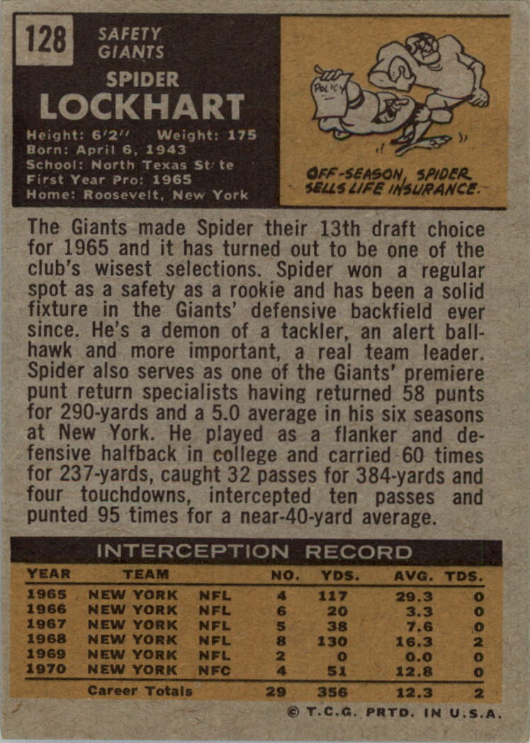 1971 Topps #128 Spider Lockhart back image
