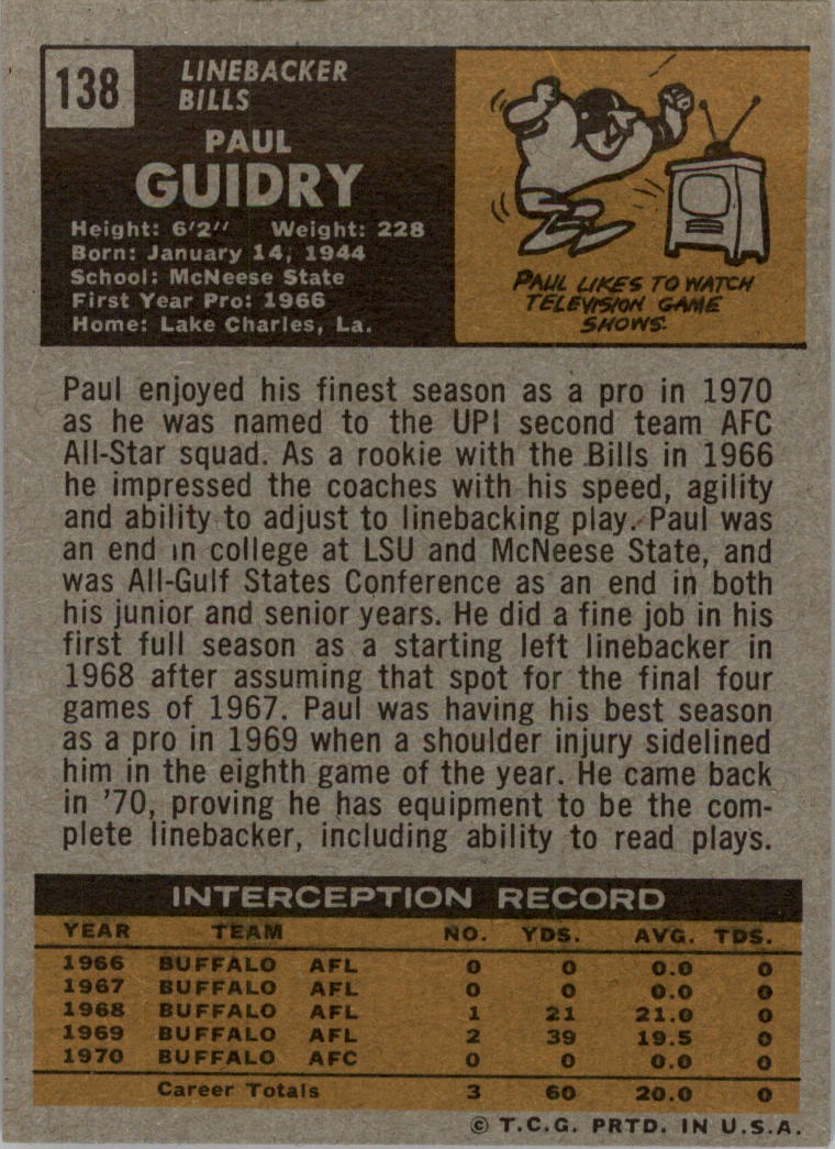 1971 Topps #138 Paul Guidry back image
