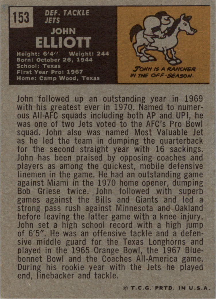 1971 Topps #153 John Elliott back image