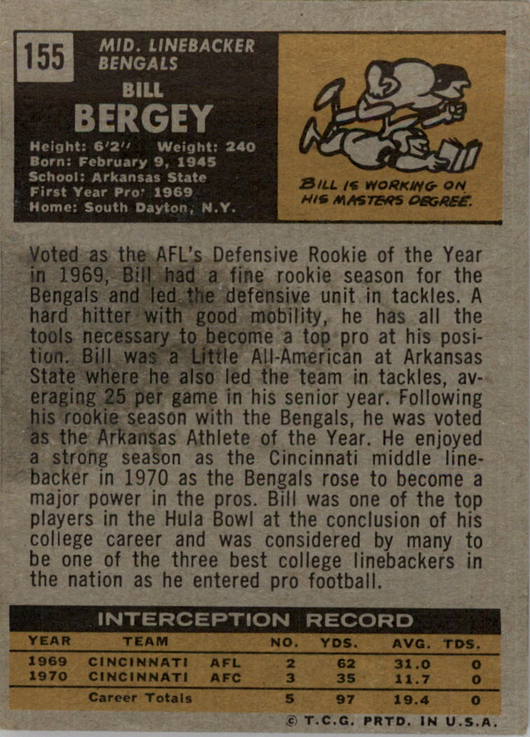 1971 Topps #155 Bill Bergey back image