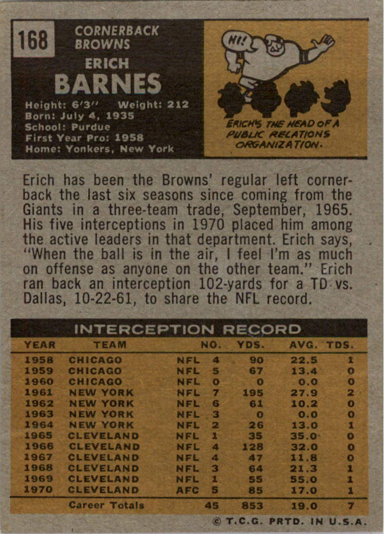 1971 Topps #168 Erich Barnes back image