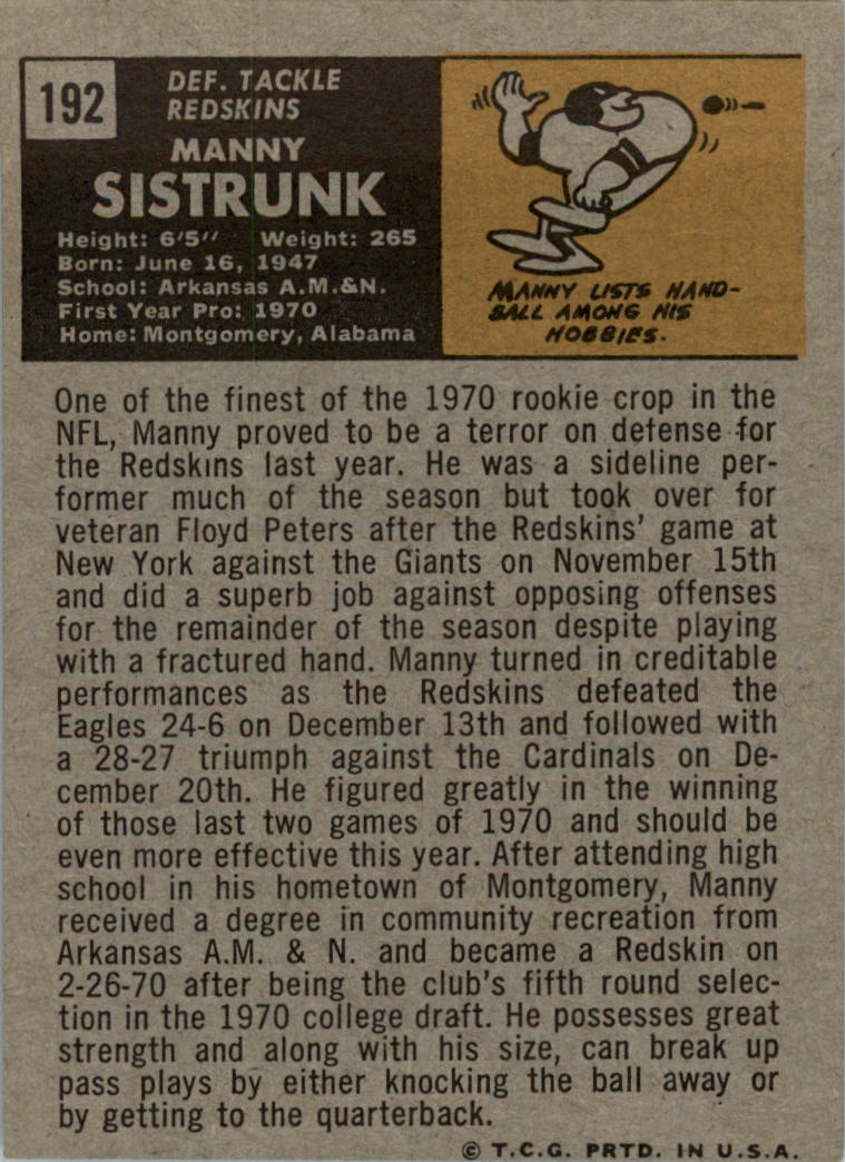 1971 Topps #192 Manny Sistrunk RC back image