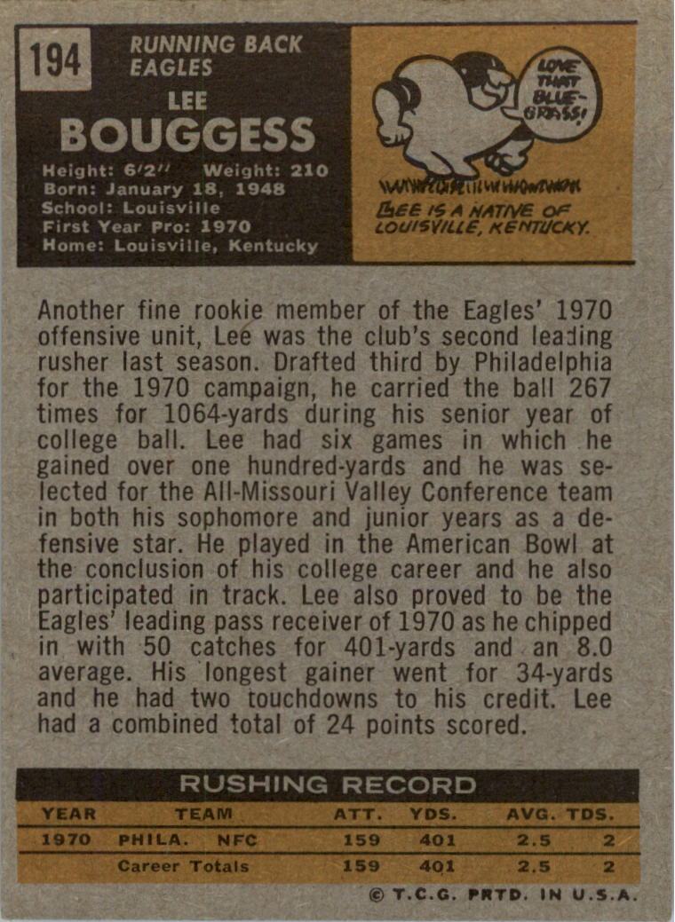 1971 Topps #194 Lee Bouggess RC back image