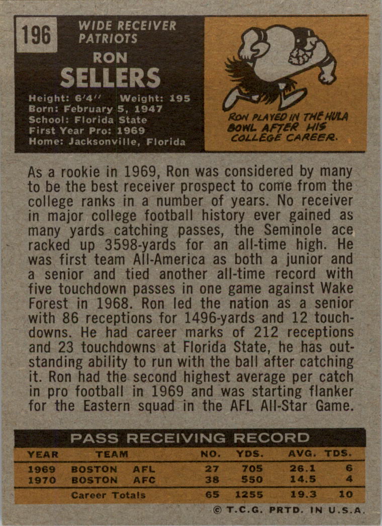 1971 Topps #196 Ron Sellers RC back image