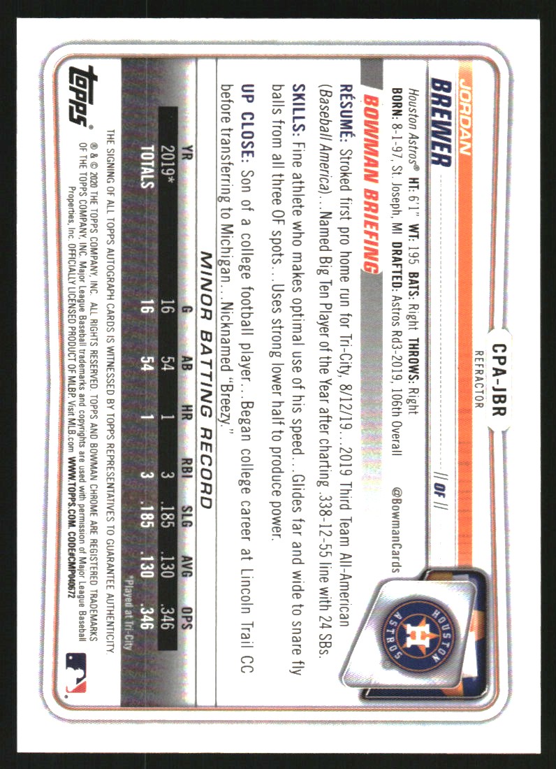 2020 Bowman Chrome Prospect Autographs Refractors #CPAJBR Jordan Brewer