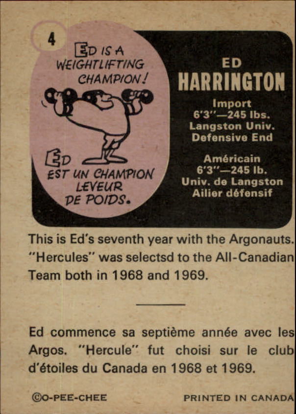 1971 O-Pee-Chee CFL #4 Ed Harrington back image