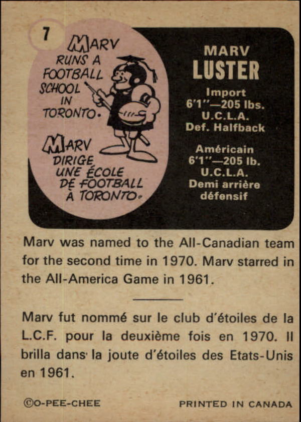 1971 O-Pee-Chee CFL #7 Marv Luster back image