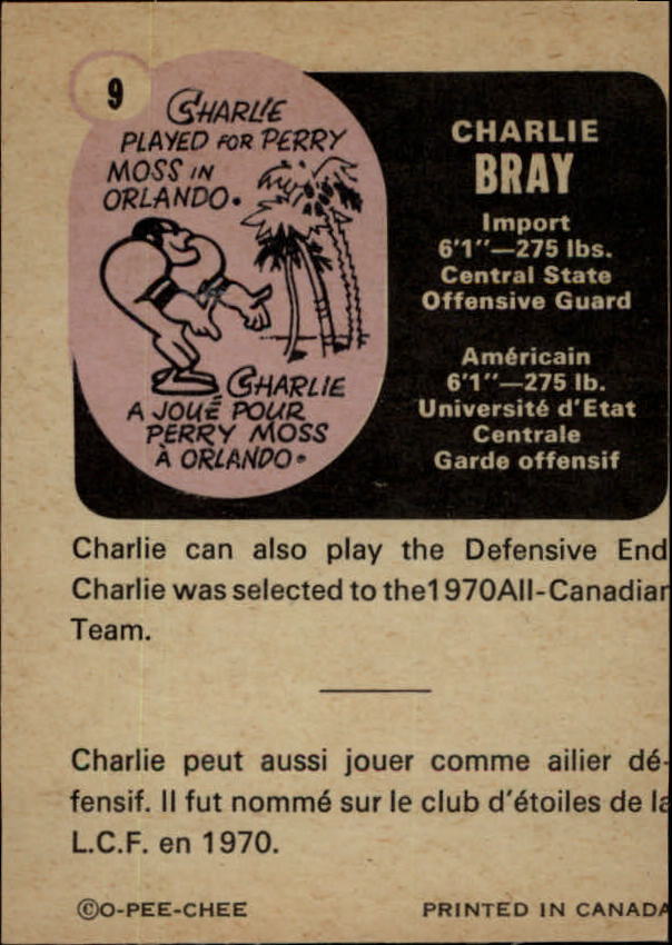 1971 O-Pee-Chee CFL #9 Charlie Bray back image