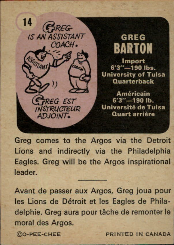 1971 O-Pee-Chee CFL #14 Greg Barton back image