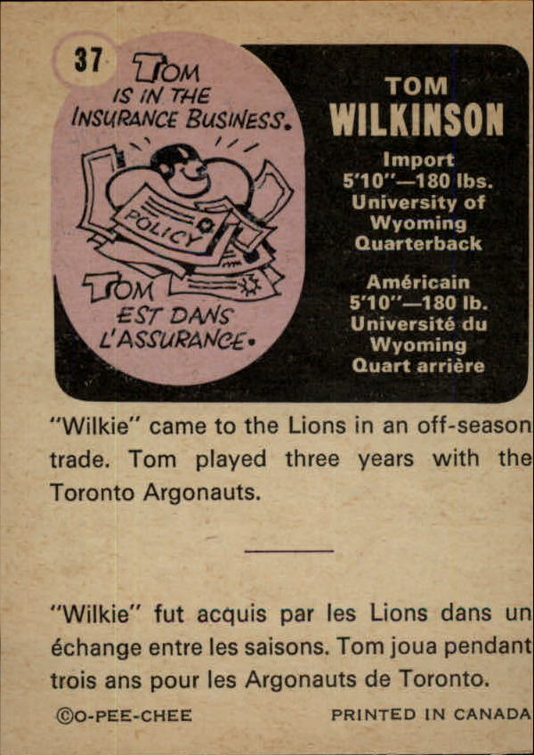 1971 O-Pee-Chee CFL #37 Tom Wilkinson back image