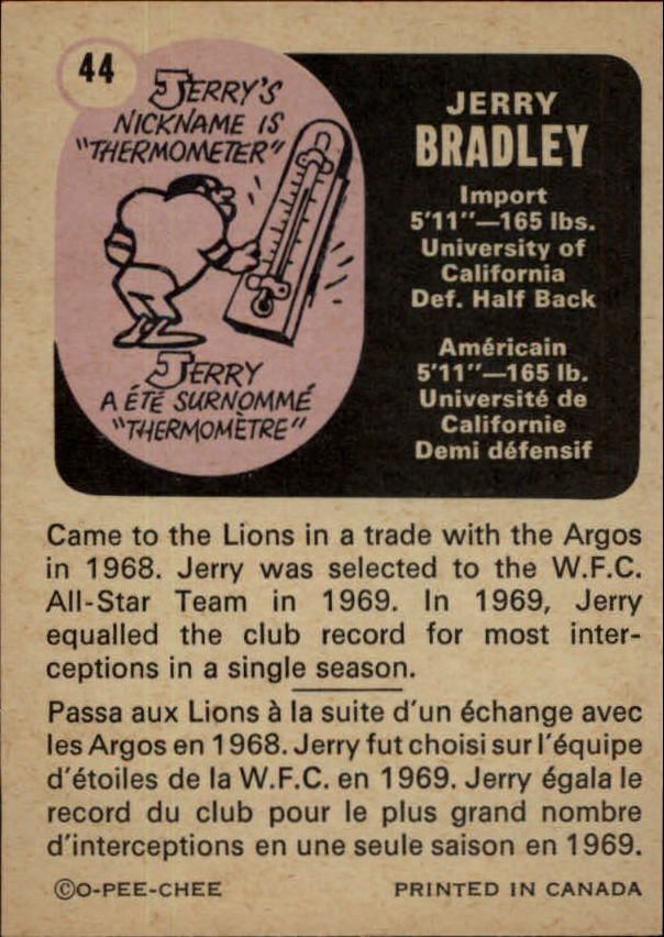 1971 O-Pee-Chee CFL #44 Jerry Bradley back image