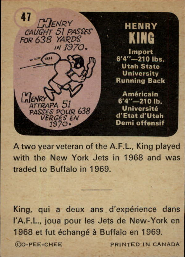 1971 O-Pee-Chee CFL #47 Henry King back image