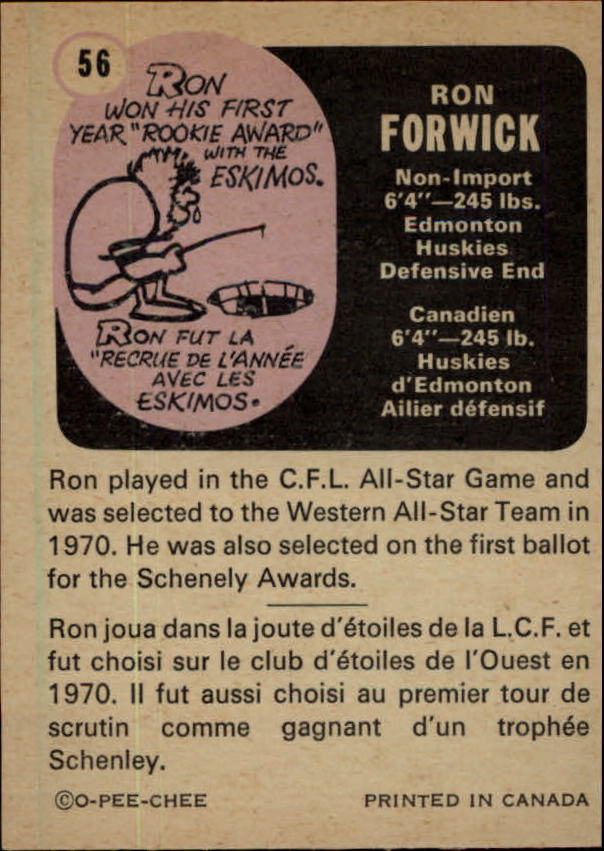 1971 O-Pee-Chee CFL #56 Ron Forwick back image