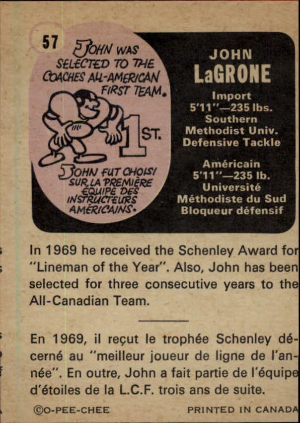 1971 O-Pee-Chee CFL #57 John LaGrone back image