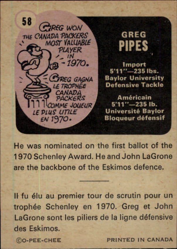 1971 O-Pee-Chee CFL #58 Greg Pipes back image