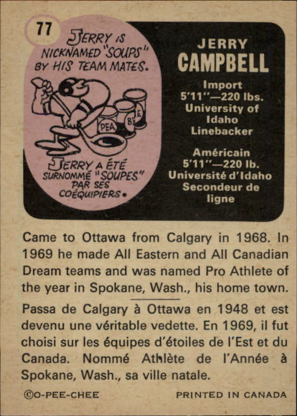 1971 O-Pee-Chee CFL #77 Jerry Campbell back image