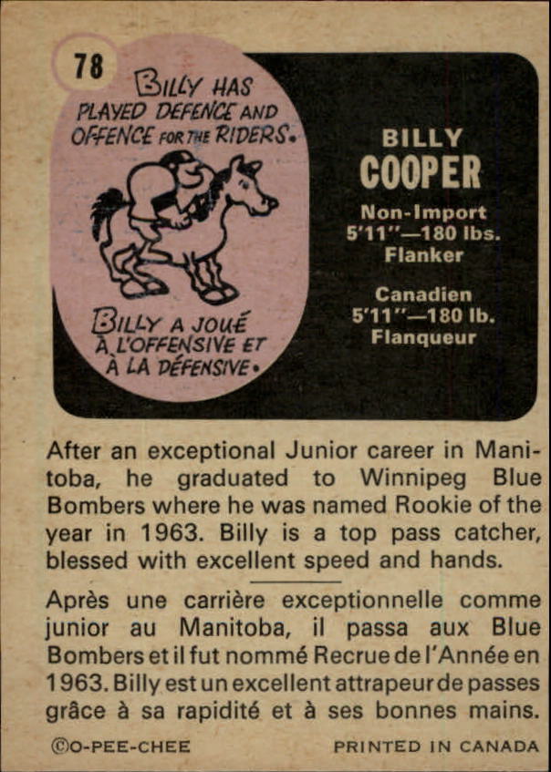 1971 O-Pee-Chee CFL #78 Billy Cooper back image