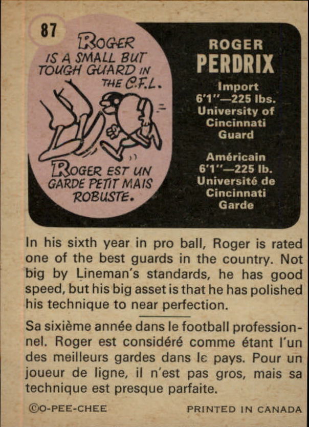 1971 O-Pee-Chee CFL #87 Roger Perdrix back image