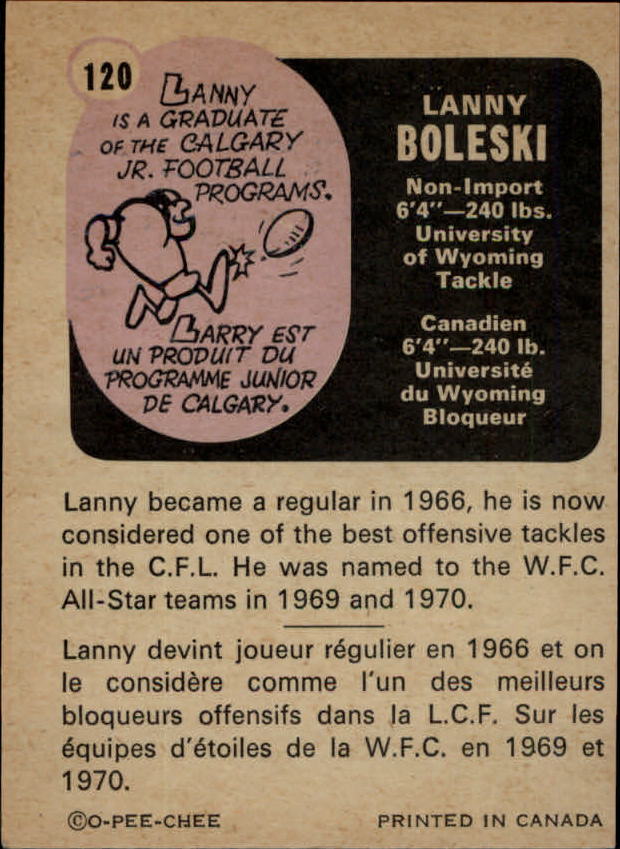 1971 O-Pee-Chee CFL #120 Lanny Boleski back image