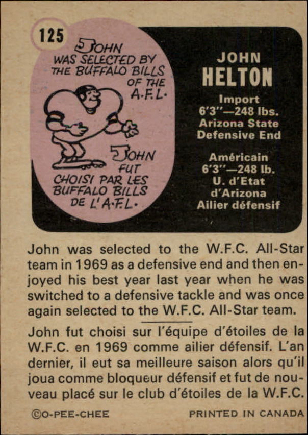 1971 O-Pee-Chee CFL #125 John Helton back image