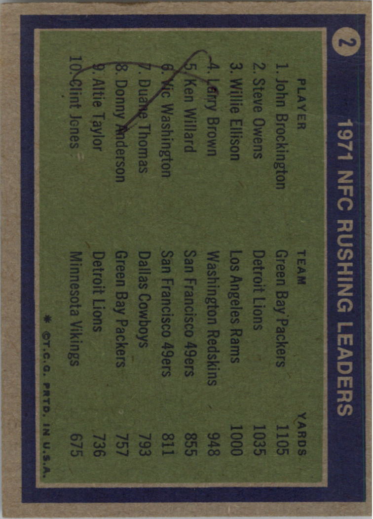 1972 Topps #2 NFC Rushing Leaders/John Brockington/Steve Owens/Willie Ellison back image
