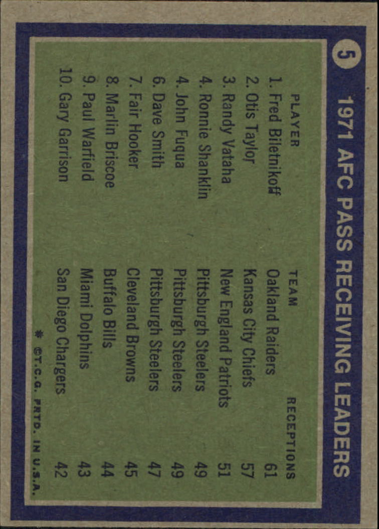 1972 Topps #5 AFC Receiving Leaders/Fred Biletnikoff/Otis Taylor/Randy Vataha back image